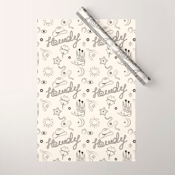 Howdy. Black and White Good Luck Charms Wrapping Paper Gallery Image 1