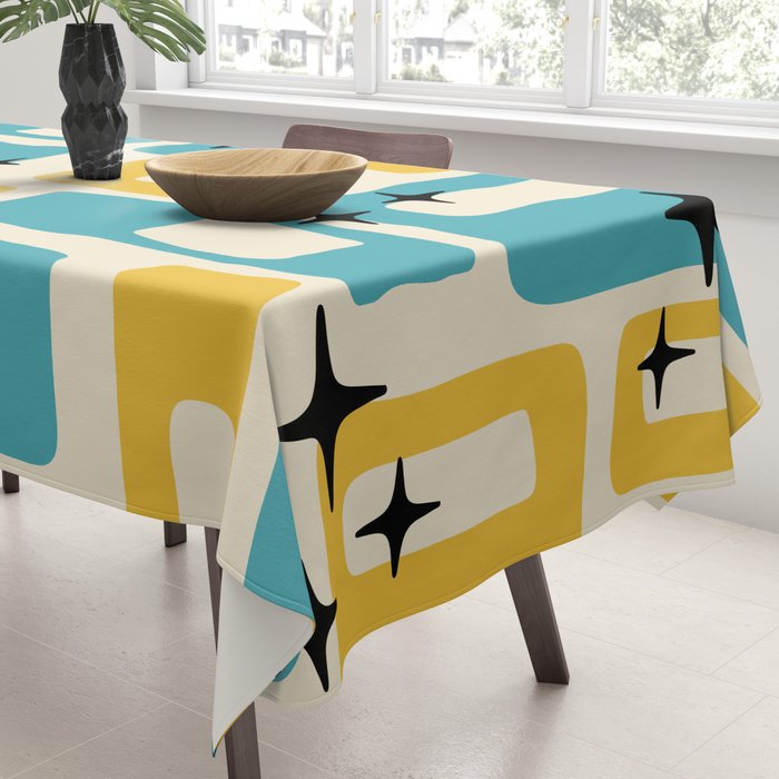 Retro Mid Century Modern Abstract Pattern 224 Blue and Yellow Tablecloth Gallery Image 3