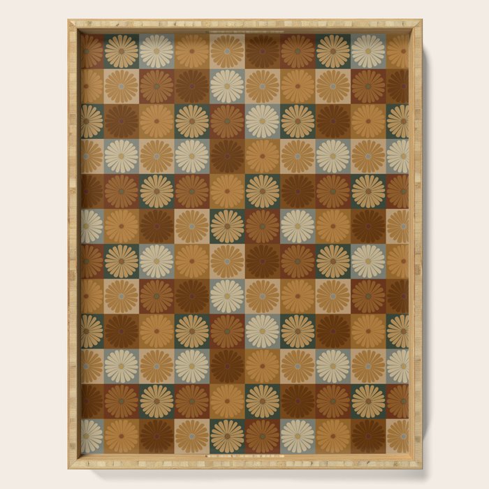 Retro Flowers Check Pattern IV Serving Tray Gallery Image 1