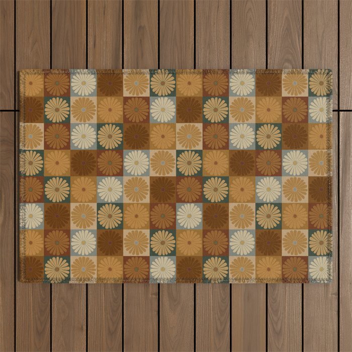 Retro Flowers Check Pattern IV Outdoor Rug Gallery Image 1