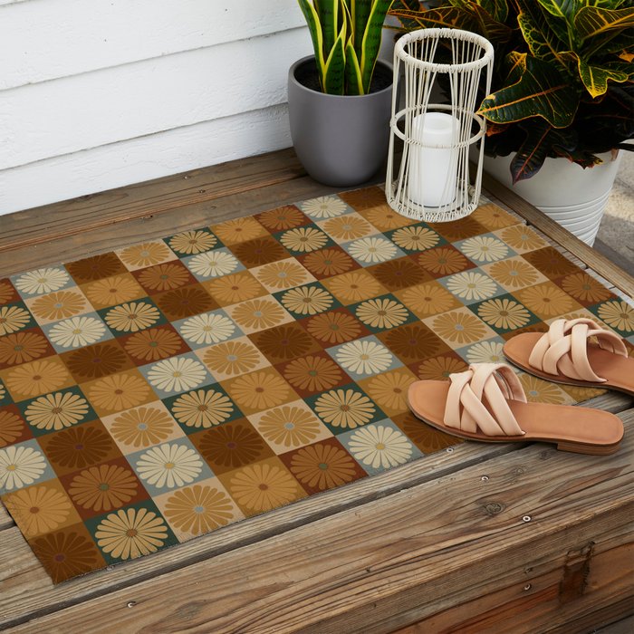 Retro Flowers Check Pattern IV Outdoor Rug Gallery Image 2