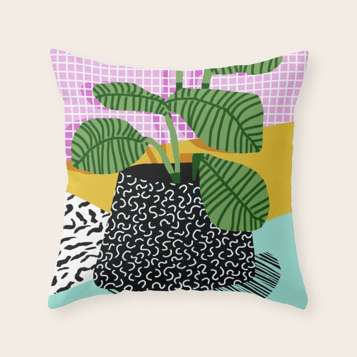 Decent - memphis retro neon throwback illustration pop art houseplant socal urban kids trendy art Throw Pillow Gallery Image 6