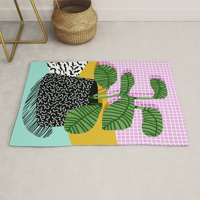 Decent - memphis retro neon throwback illustration pop art houseplant socal urban kids trendy art Rug Gallery Image 1