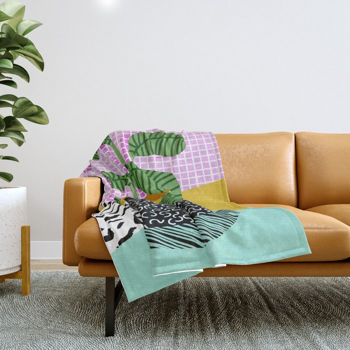 Decent - memphis retro neon throwback illustration pop art houseplant socal urban kids trendy art Throw Blanket Gallery Image 1