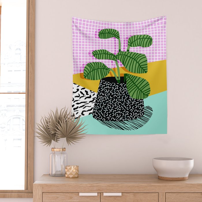 Decent - memphis retro neon throwback illustration pop art houseplant socal urban kids trendy art Wall Tapestry Gallery Image 2