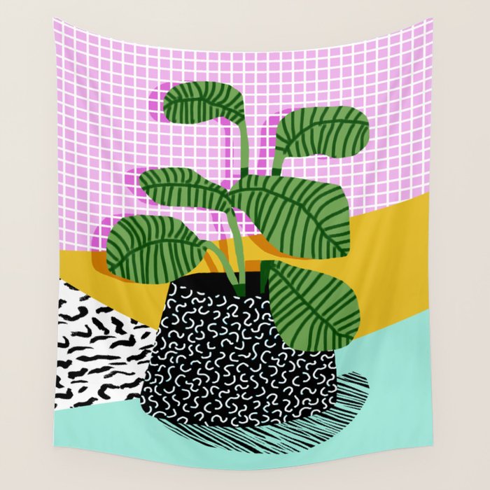 Decent - memphis retro neon throwback illustration pop art houseplant socal urban kids trendy art Wall Tapestry Gallery Image 4