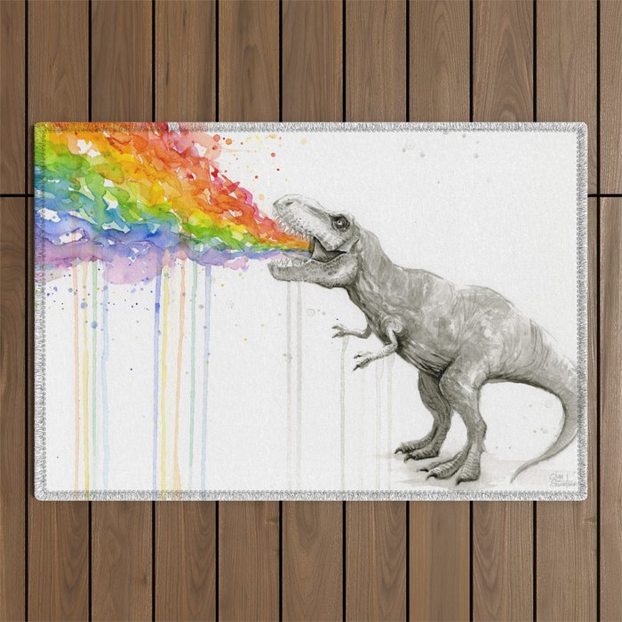T-Rex Dinosaur Vomits Rainbow Outdoor Rug Gallery Image 1