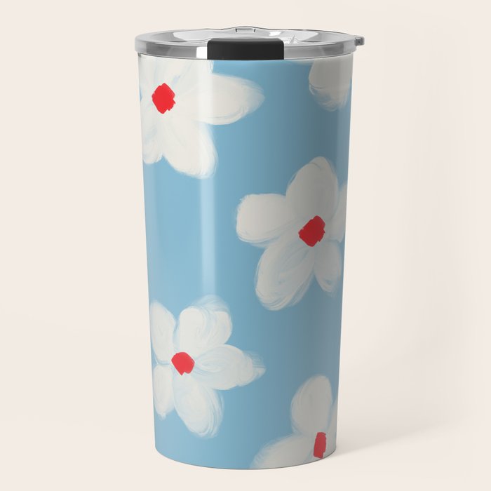 Soft Daisy Flowers - Cute Retro Floral Pattern on Pastel Blue Travel Mug Gallery Image 1