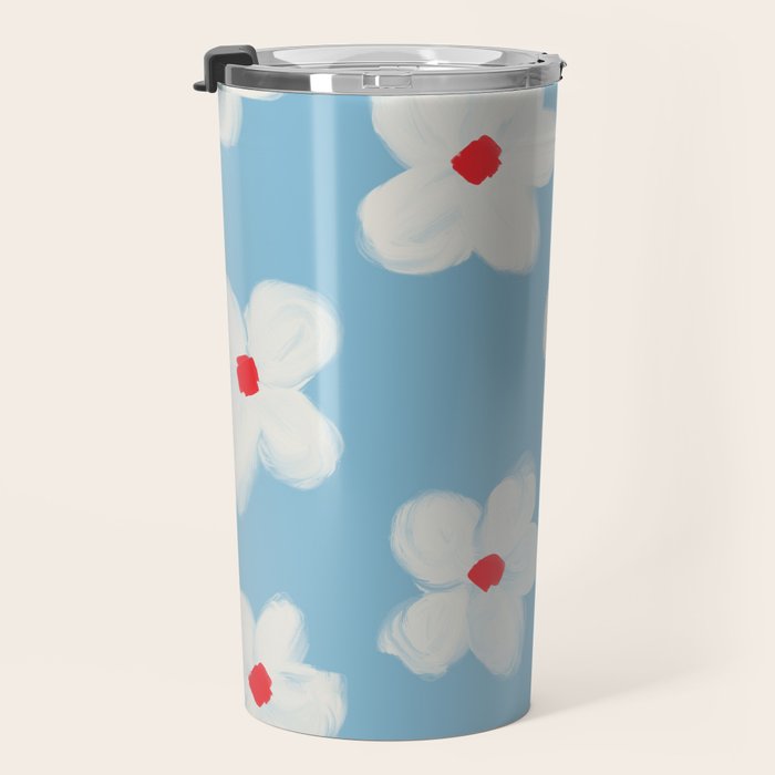 Soft Daisy Flowers - Cute Retro Floral Pattern on Pastel Blue Travel Mug Gallery Image 3