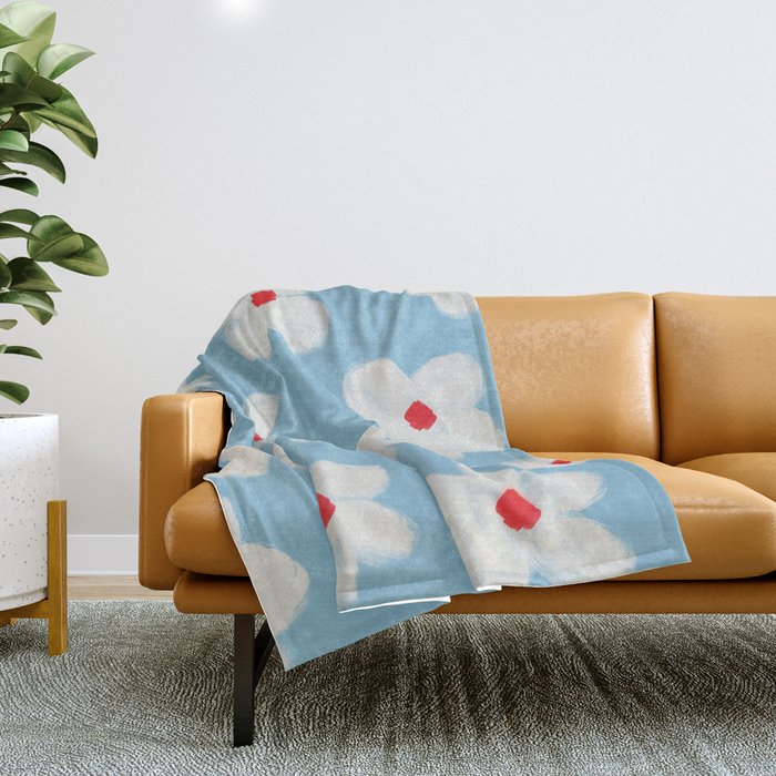 Soft Daisy Flowers - Cute Retro Floral Pattern on Pastel Blue Throw Blanket Gallery Image 1