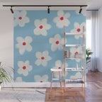 Soft Daisy Flowers - Cute Retro Floral Pattern on Pastel Blue Wall Mural Gallery Image 1