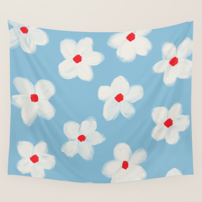 Soft Daisy Flowers - Cute Retro Floral Pattern on Pastel Blue Wall Tapestry Gallery Image 4
