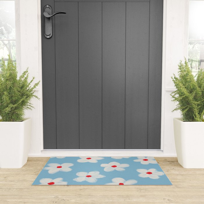 Soft Daisy Flowers - Cute Retro Floral Pattern on Pastel Blue Welcome Mat Gallery Image 3