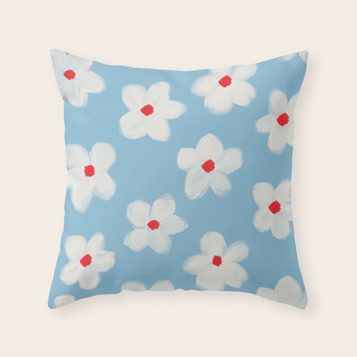 Soft Daisy Flowers - Cute Retro Floral Pattern on Pastel Blue Throw Pillow Gallery Image 6