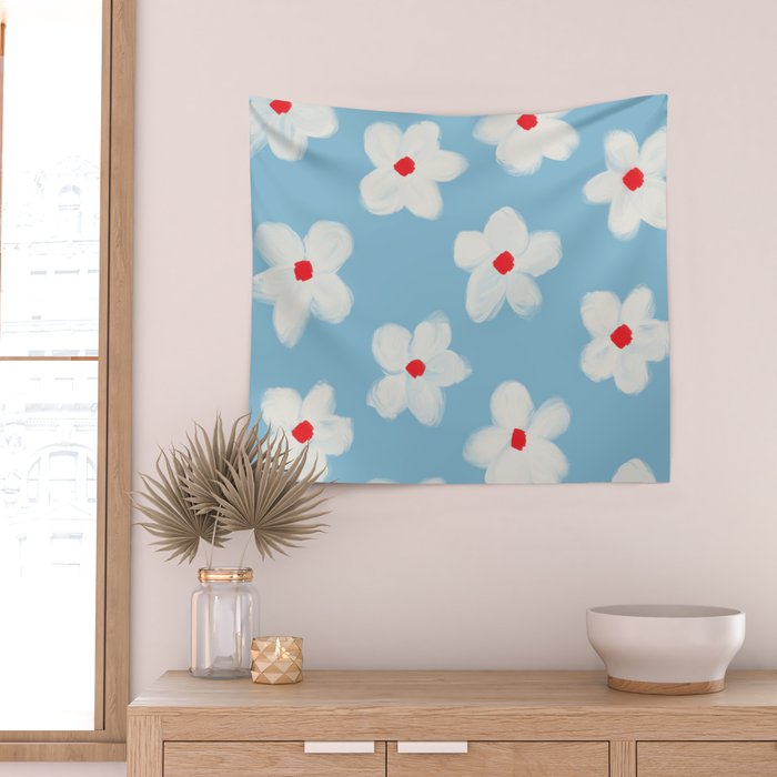 Soft Daisy Flowers - Cute Retro Floral Pattern on Pastel Blue Wall Tapestry Gallery Image 2