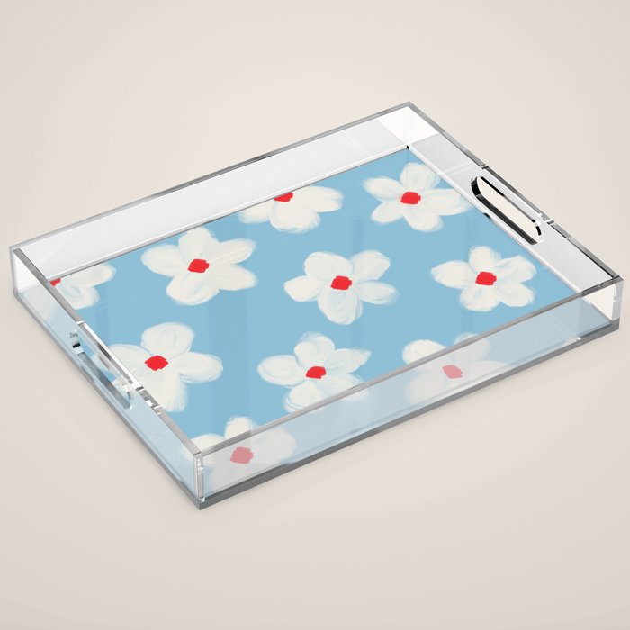 Soft Daisy Flowers - Cute Retro Floral Pattern on Pastel Blue Acrylic Tray Gallery Image 1