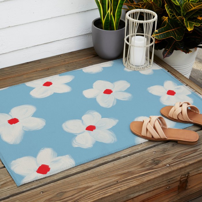Soft Daisy Flowers - Cute Retro Floral Pattern on Pastel Blue Outdoor Rug Gallery Image 2