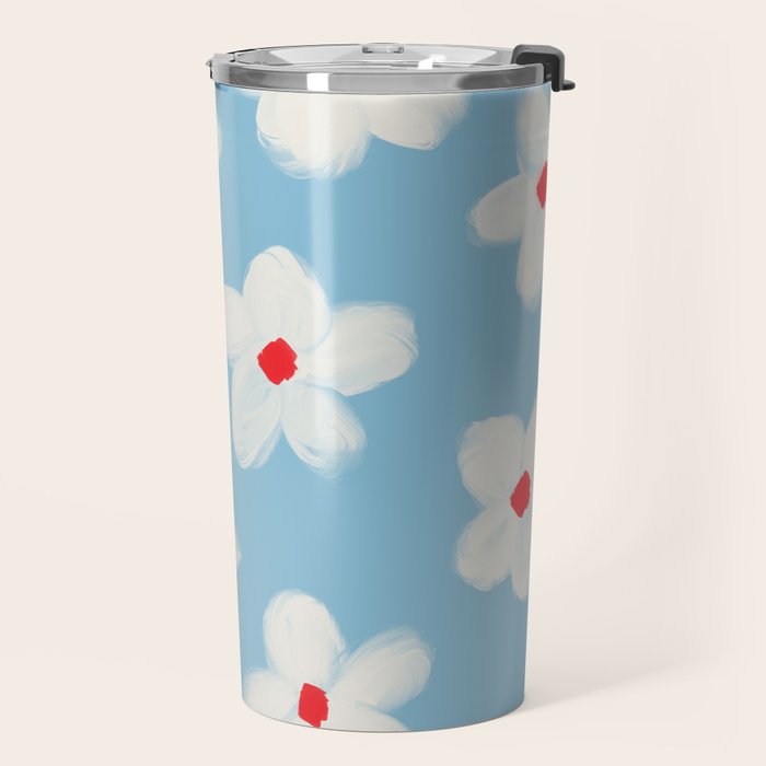 Soft Daisy Flowers - Cute Retro Floral Pattern on Pastel Blue Travel Mug Gallery Image 2