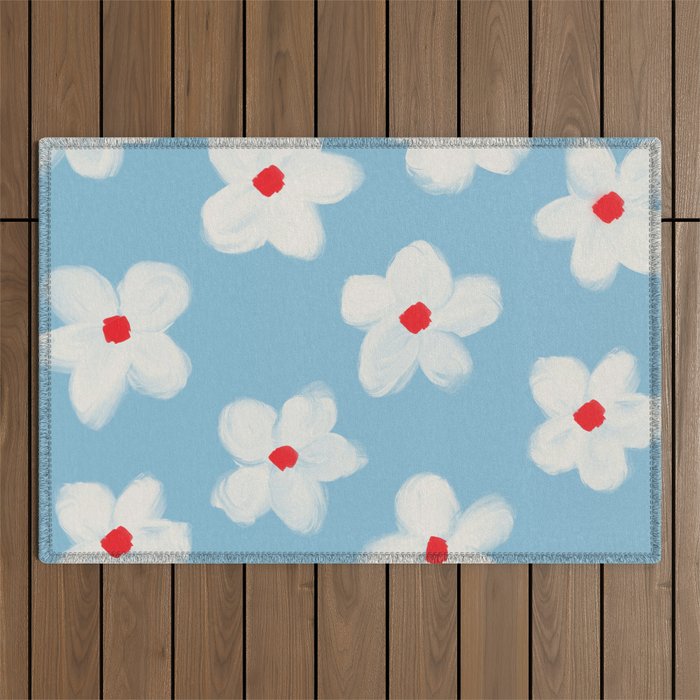 Soft Daisy Flowers - Cute Retro Floral Pattern on Pastel Blue Outdoor Rug Gallery Image 1