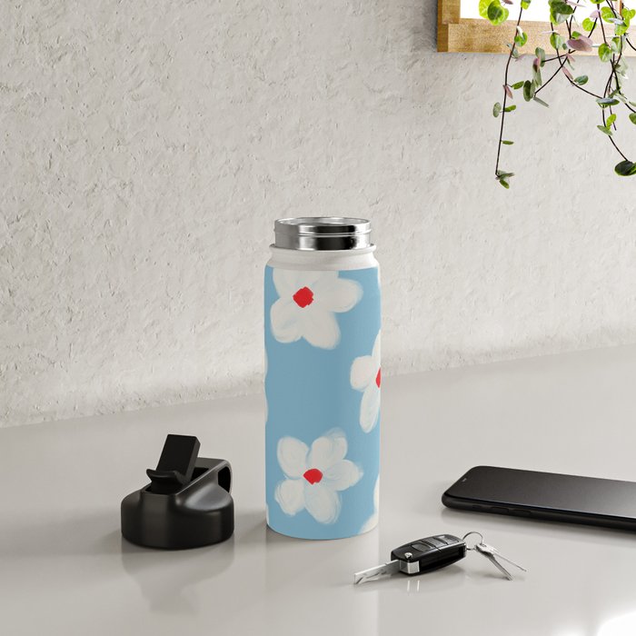Soft Daisy Flowers - Cute Retro Floral Pattern on Pastel Blue Water Bottle Gallery Image 4