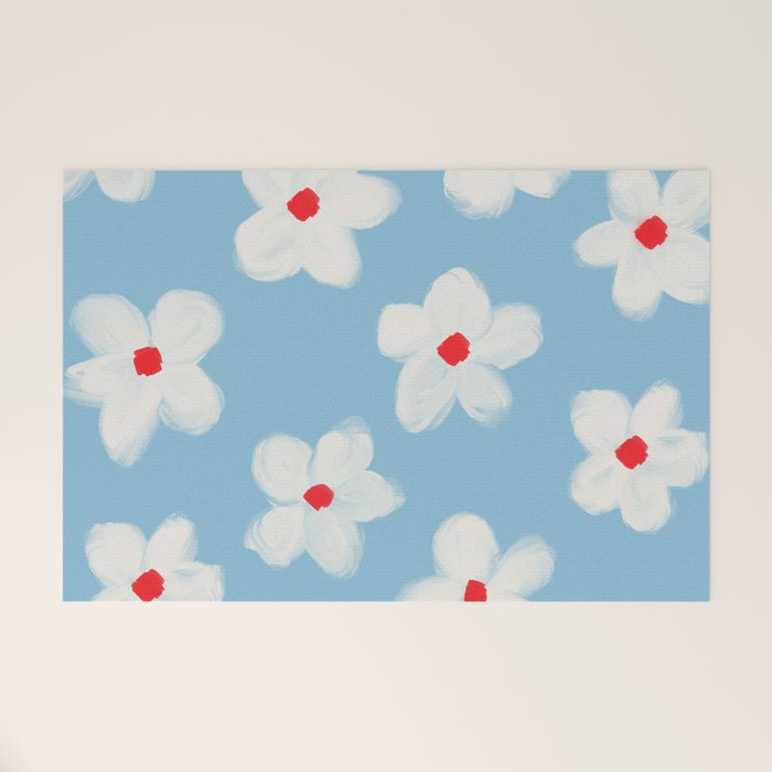 Soft Daisy Flowers - Cute Retro Floral Pattern on Pastel Blue Welcome Mat Gallery Image 1