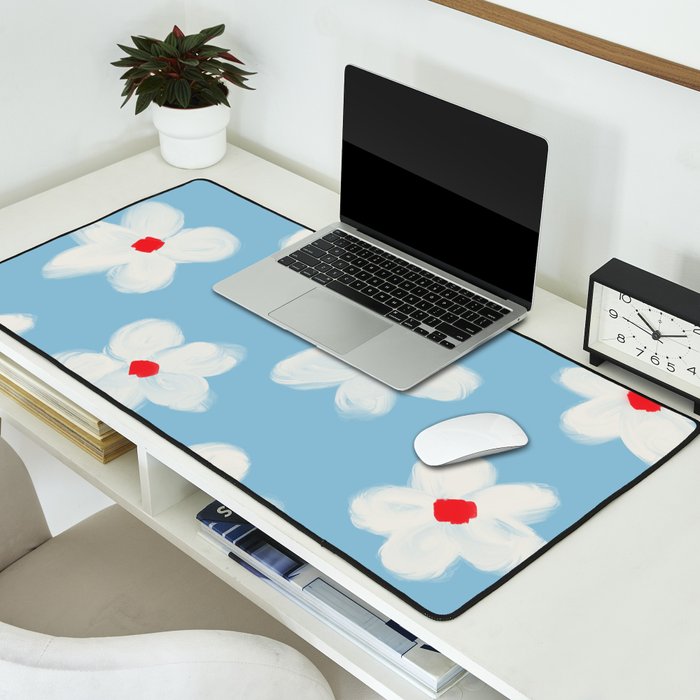 Soft Daisy Flowers - Cute Retro Floral Pattern on Pastel Blue Desk Mat Gallery Image 2