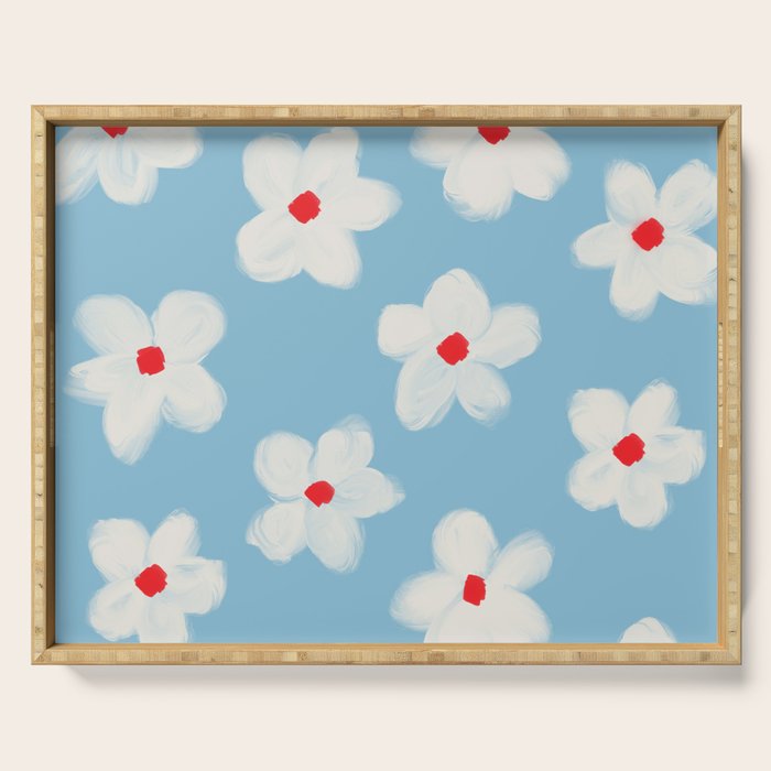 Soft Daisy Flowers - Cute Retro Floral Pattern on Pastel Blue Serving Tray Gallery Image 1