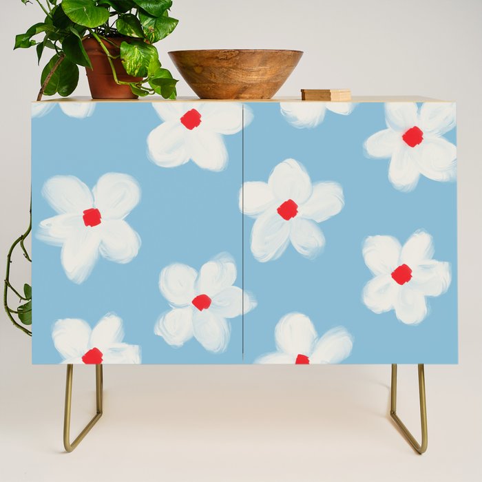 Soft Daisy Flowers - Cute Retro Floral Pattern on Pastel Blue Credenza Gallery Image 1