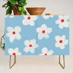 Soft Daisy Flowers - Cute Retro Floral Pattern on Pastel Blue Credenza Gallery Image 1