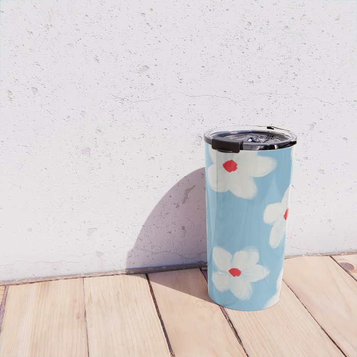 Soft Daisy Flowers - Cute Retro Floral Pattern on Pastel Blue Travel Mug Gallery Image 4