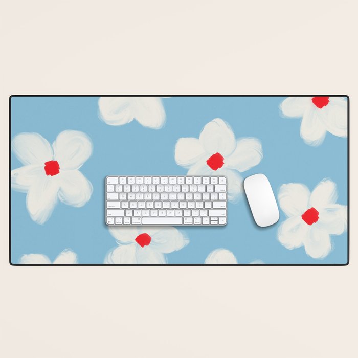 Soft Daisy Flowers - Cute Retro Floral Pattern on Pastel Blue Desk Mat Gallery Image 1