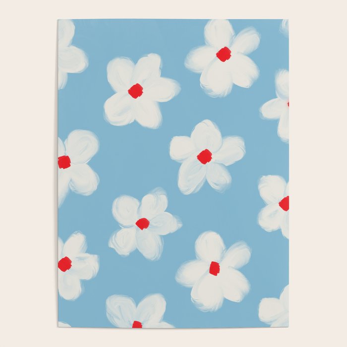 Soft Daisy Flowers - Cute Retro Floral Pattern on Pastel Blue Poster Gallery Image 4
