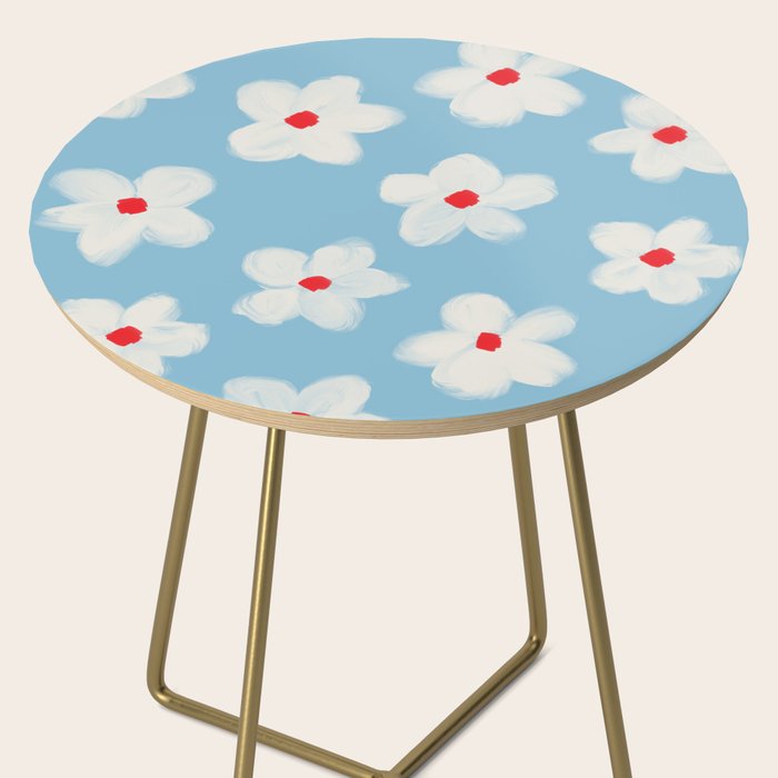 Soft Daisy Flowers - Cute Retro Floral Pattern on Pastel Blue Side Table Gallery Image 2
