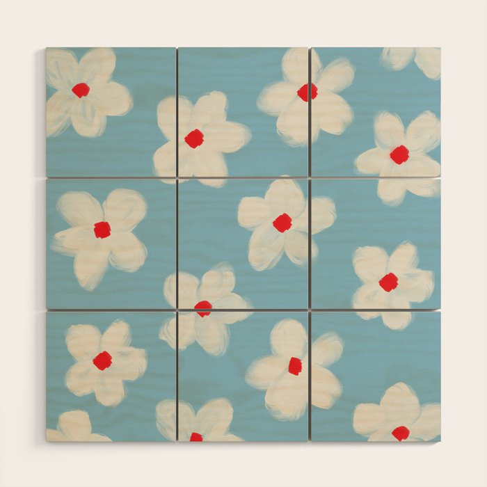 Soft Daisy Flowers - Cute Retro Floral Pattern on Pastel Blue Wood Wall Art Gallery Image 1