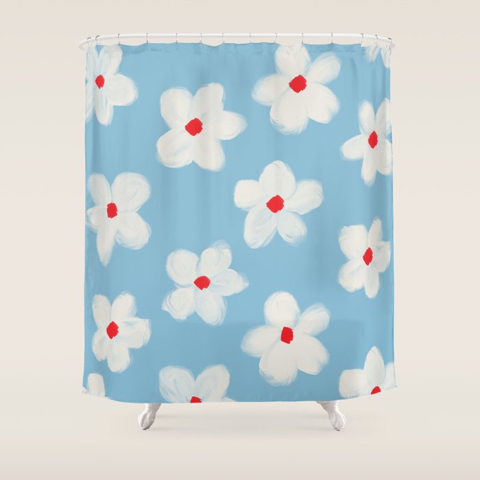 Soft Daisy Flowers - Cute Retro Floral Pattern on Pastel Blue Shower Curtain Gallery Image 1
