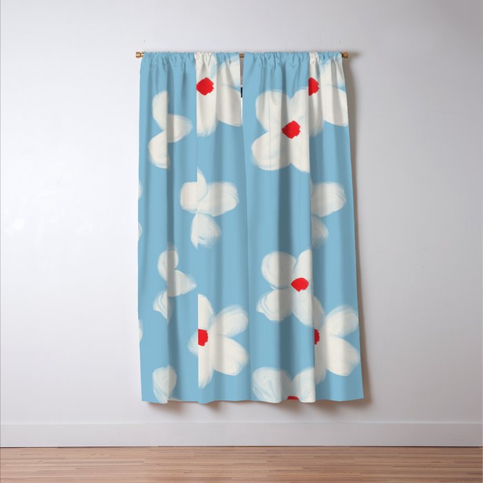 Soft Daisy Flowers - Cute Retro Floral Pattern on Pastel Blue Window Curtain Gallery Image 3