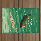 Vintage Japanese Woodblock Print Asian Art Koi Pond Fish Turquoise Green Water Cherry Blossom Outdoor Rug Gallery Image 1
