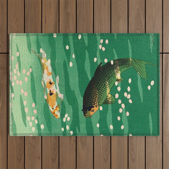 Vintage Japanese Woodblock Print Asian Art Koi Pond Fish Turquoise Green Water Cherry Blossom Outdoor Rug Gallery Image 1
