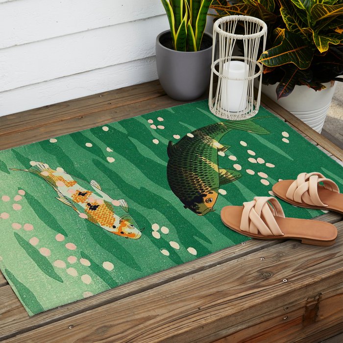 Vintage Japanese Woodblock Print Asian Art Koi Pond Fish Turquoise Green Water Cherry Blossom Outdoor Rug Gallery Image 2
