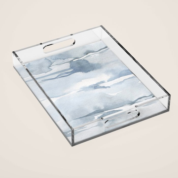 Pastel blue gray abstract watercolor brushstrokes stripes pattern Acrylic Tray Gallery Image 1