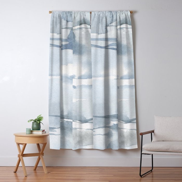 Pastel blue gray abstract watercolor brushstrokes stripes pattern Window Curtain Gallery Image 1