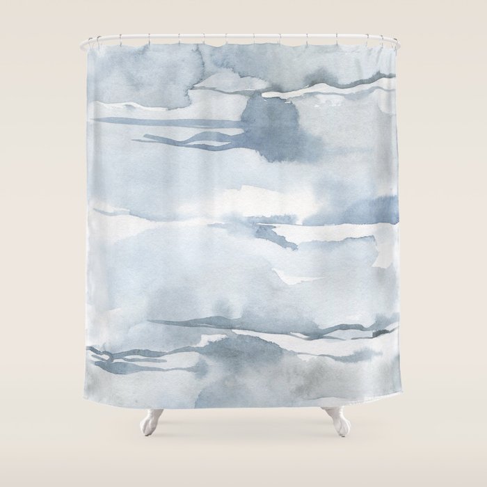 Pastel blue gray abstract watercolor brushstrokes stripes pattern Shower Curtain Gallery Image 1
