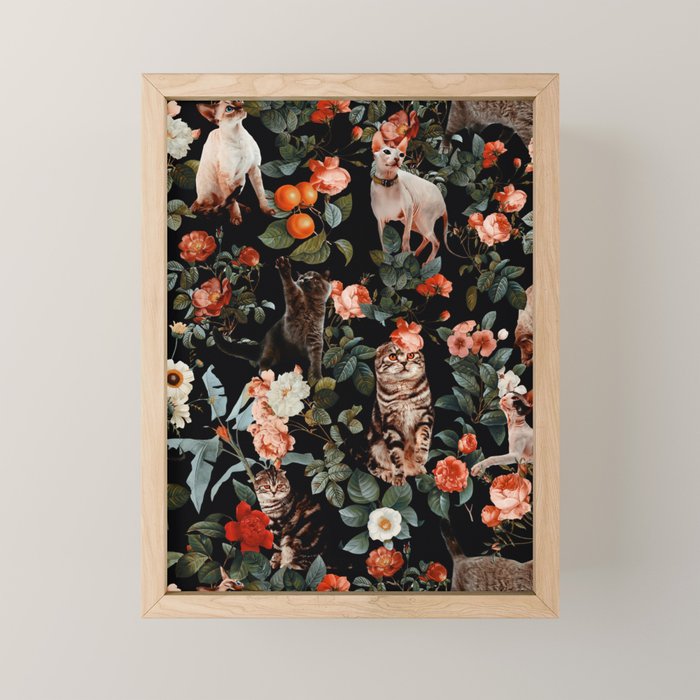Cat and Floral Pattern II Mini Art Print Gallery Image 1