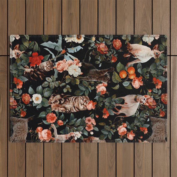 Cat and Floral Pattern II Outdoor Rug Gallery Image 1