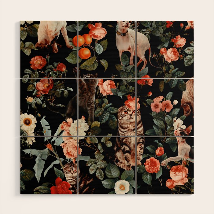 Cat and Floral Pattern II Wood Wall Art Gallery Image 1