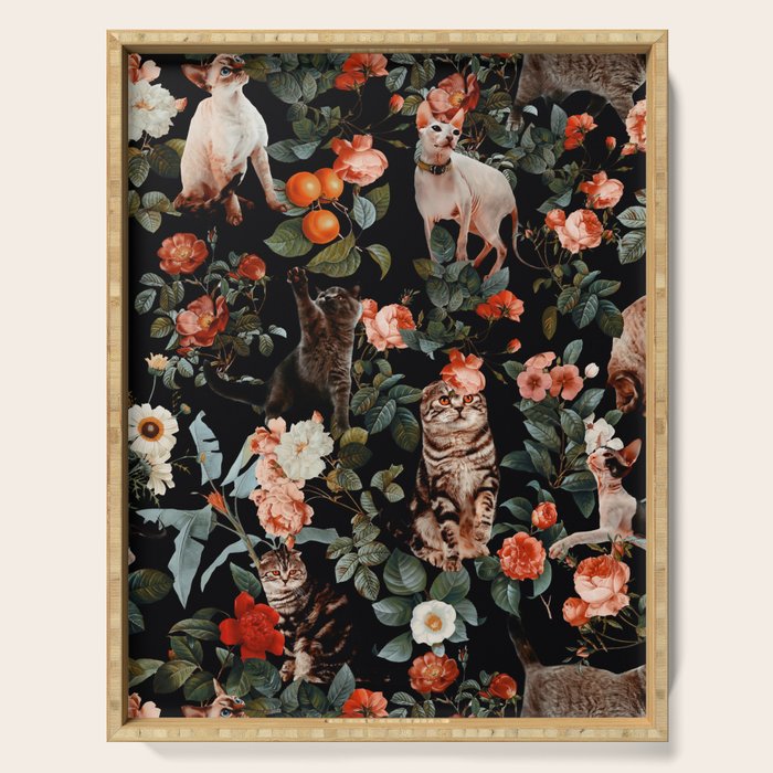 Cat and Floral Pattern II Serving Tray Gallery Image 1