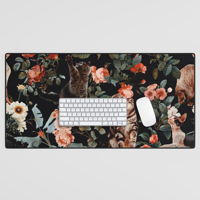 Cat and Floral Pattern II Desk Mat Gallery Image 1