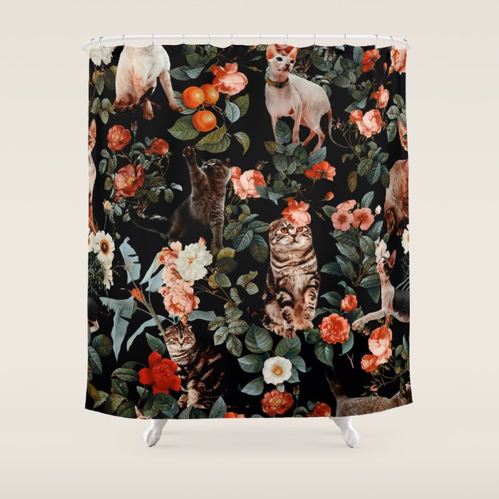 Cat and Floral Pattern II Shower Curtain Gallery Image 1