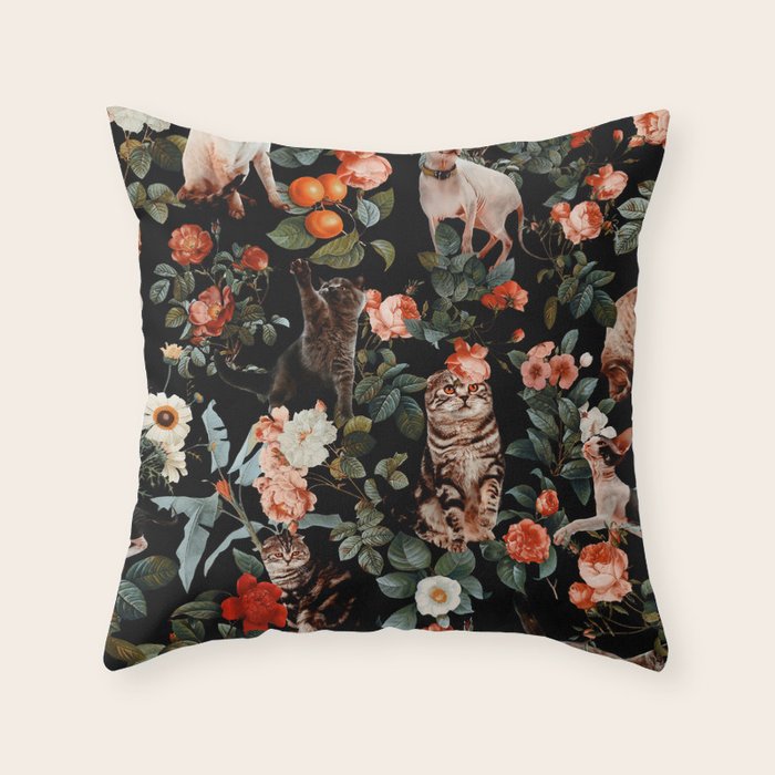 Cat and Floral Pattern II Throw Pillow Gallery Image 1