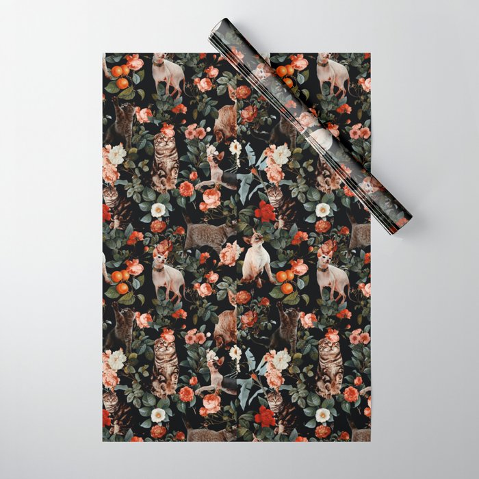 Cat and Floral Pattern II Wrapping Paper Gallery Image 1